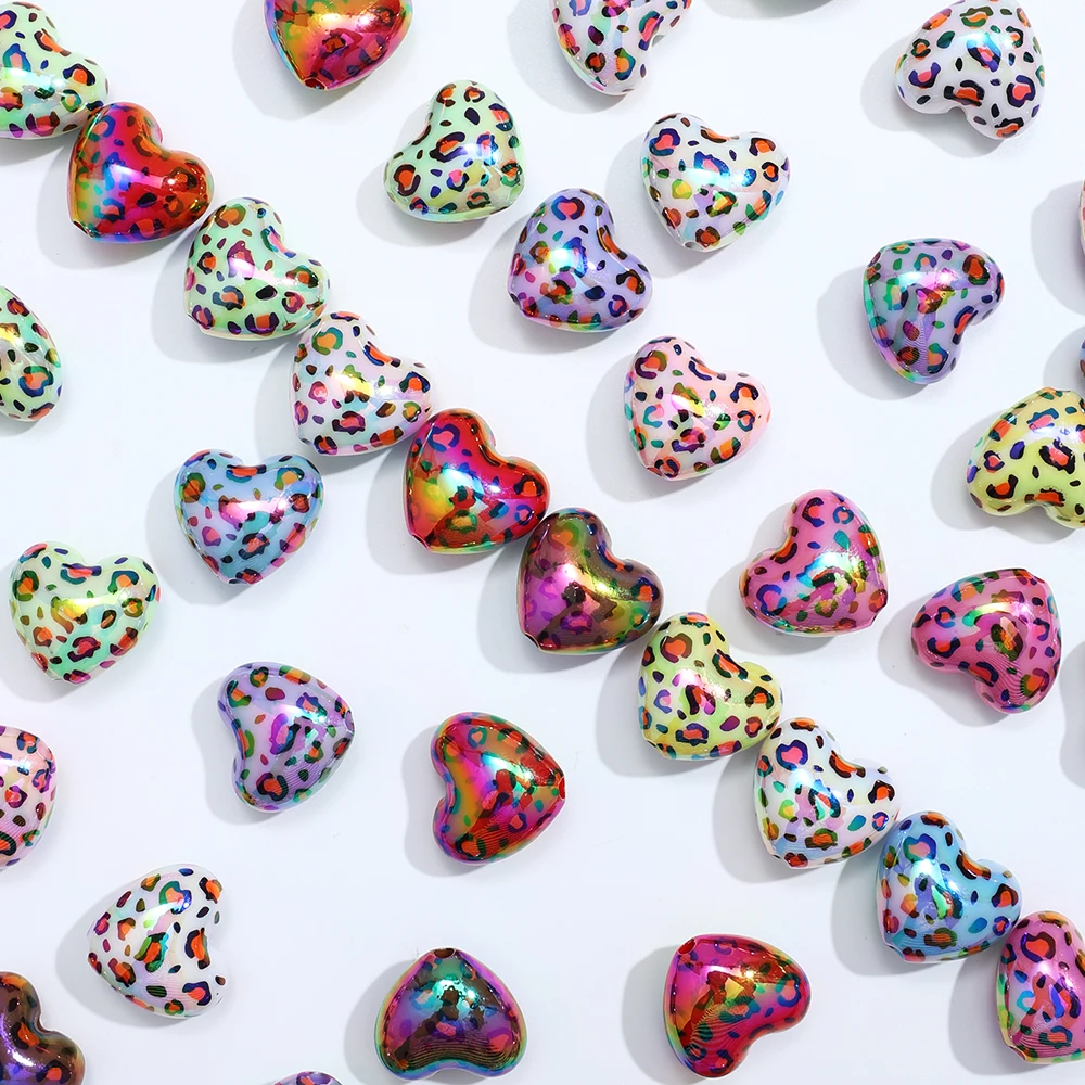 10pcs/set Romantic Leopard print Focal beads Heart-shaped Acrylic beads For DIY pens Keychain Earring Necklace Jewelry Making