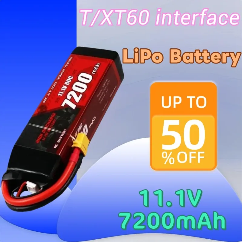 

T/XT60 7200mah 80C 11.1V 3S LiPo Battery for RC Quadcopter Helicopter Cars Boats Drones Rechargeable Battery