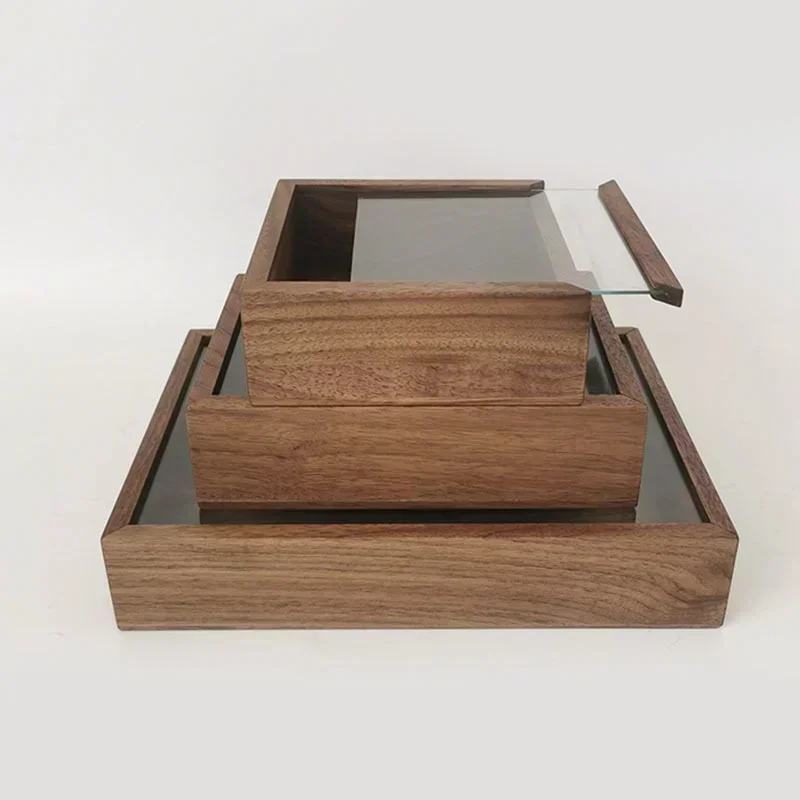 Portable Black Walnut Solid Wood Glass Cover Display Case Transparent Organizer Boxes Dustproof Sundries Dresser