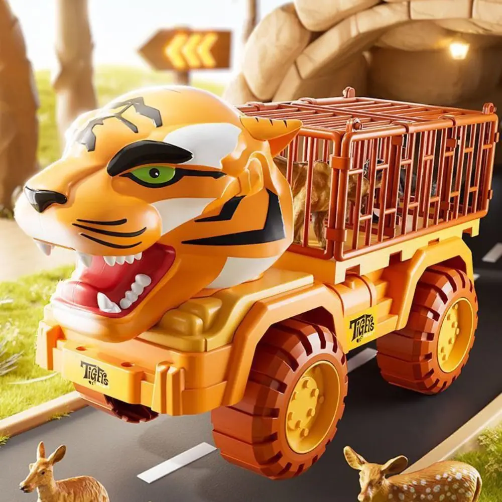 Plastic Simulated Tiger Transport Vehicle with Animal Figures Sliding Pull Back Truck Toys Car Collection Craft Decor