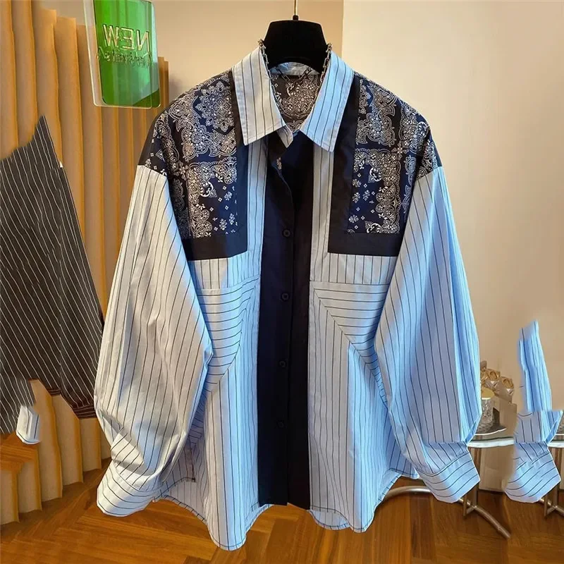 Spring Autumn Women\'s Shirt 2024 New Fashion Loose Leisure Blouse Printing Stripe Join Together Cardigan Blue Overcoat Female