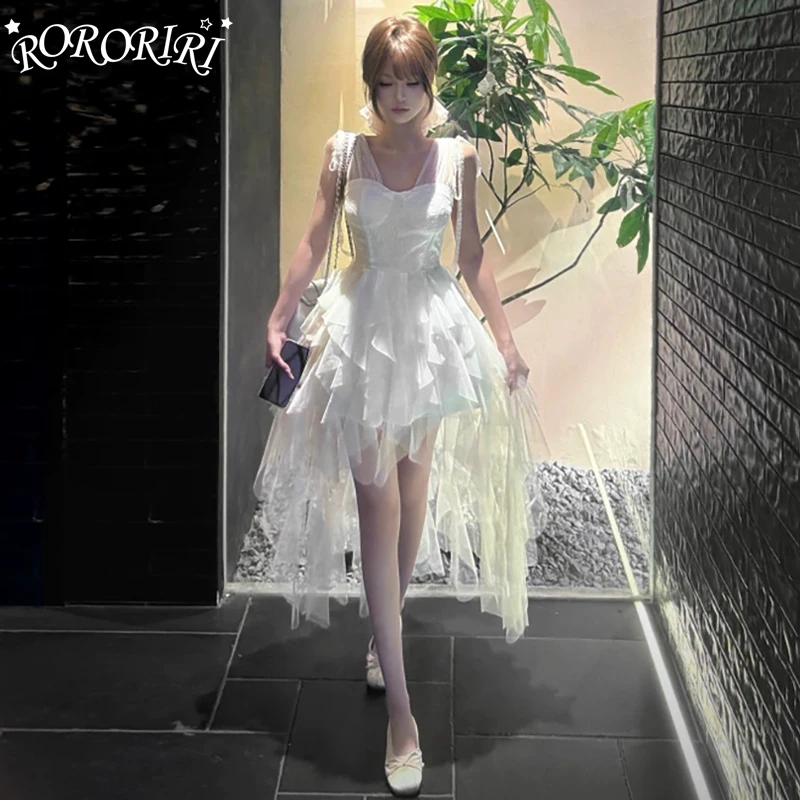 

RORORIRI Women Stitch Mesh Bandage Tank Puffy Dress Solid Sleeveless Irregular Trailing Princess Dress Fairycore Party Clothes