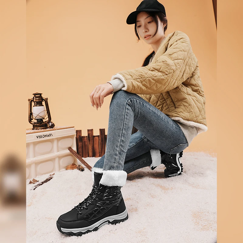 Waterproof and Warm Down fabric Snow Boots Women plush Antiskid Lady Outdoor Ankle Boots big size Mid-Calf Winter Boots Black