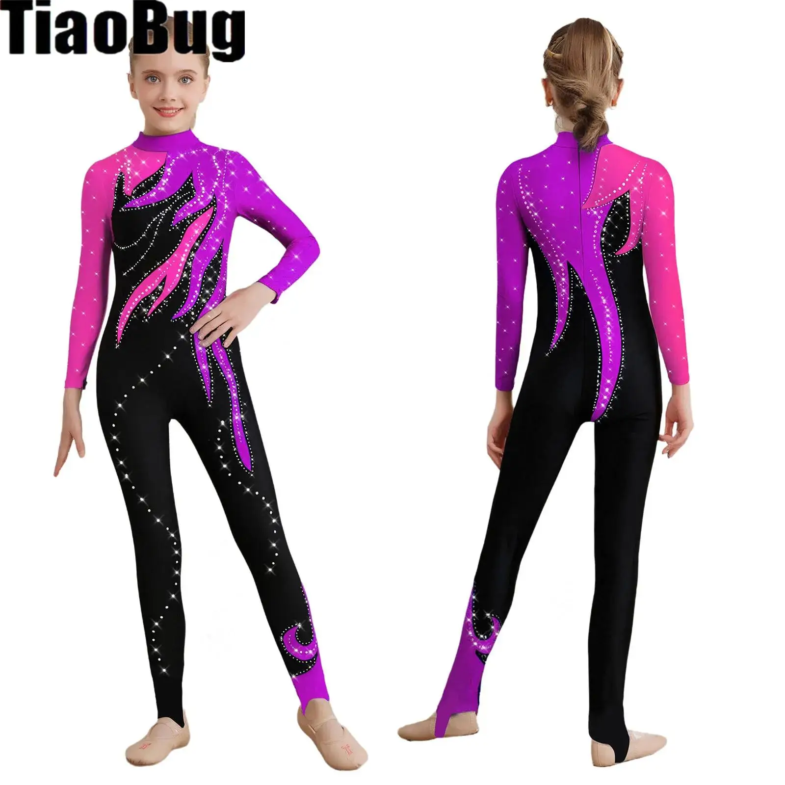 

Kids Girls Color Block Dance Leotard Mock Neck Long Sleeve Shiny Rhinestones Bodysuit Full Body Gymnastics Jumpsuit