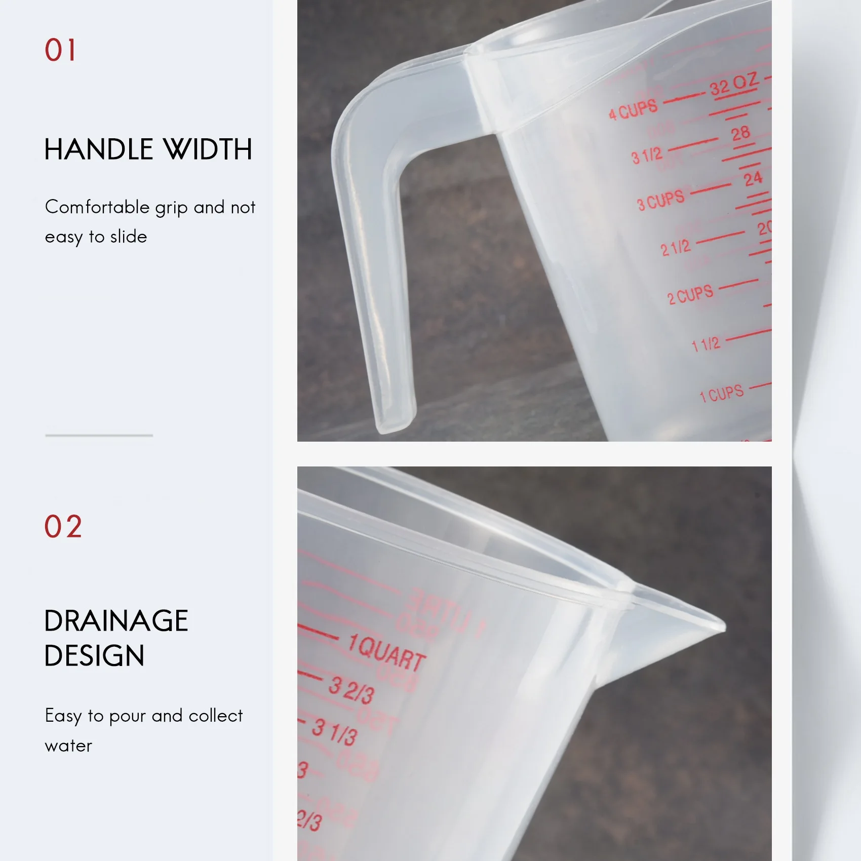 Customer Favorite 3Pc Plastic Measuring Jug Set Large 4 Cup, 2 Cup And 1 Cup Capacity BPA Free Measuring Beakers With Angled Gri