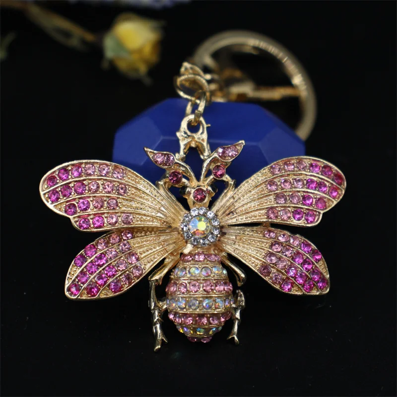 Pink Queen Bee Honeybee Insect Keychain Rhinestone Crystal Pendant Charm For Handbag Keyhold