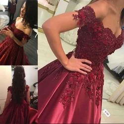 2024 New Off the Shoulder Evening Dress Appliques Burgundy Sweet Satin Prom Dress Beading Lace Celebrity Dress