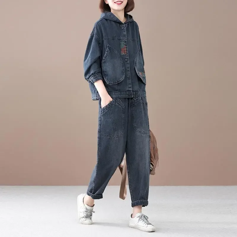 Korean Vintage Washed Denim Two Piece Set Women Hooded Loose Cover Fat Casual Spring Autumn Outfit