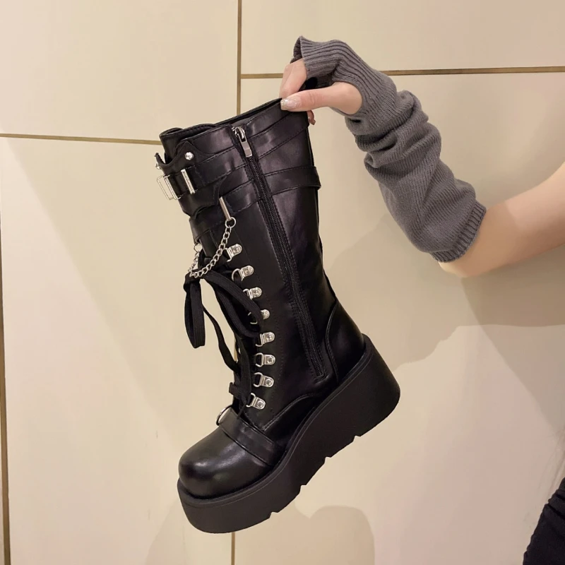 2024 Fashion Women Leather Boots Winter New Punk Style Platform Long Boots Comfort Height Increase Rivet Buckle Motorcycle Boots