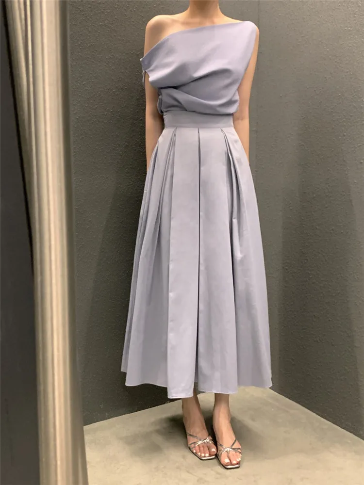 

French Style Elegant Two Piece Dress Suits New Summer Fashion Off Shoulder Shirt Top&High Waist A Line Skirt Blue Pink 2pc Sets