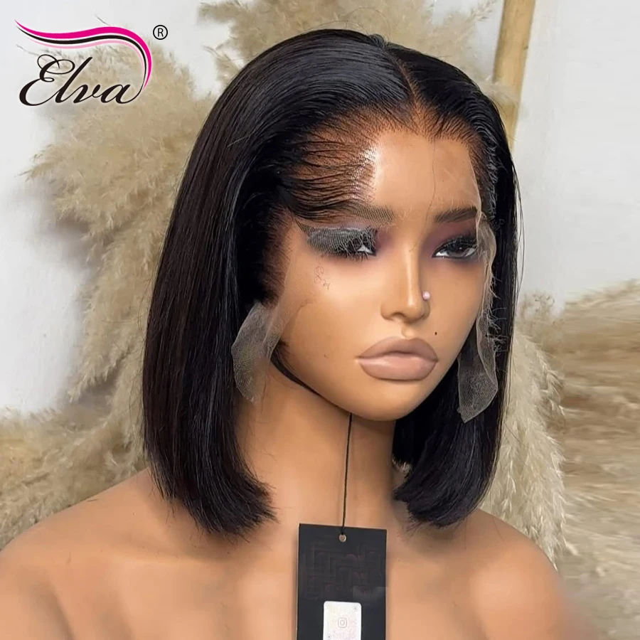 Elva قصيرة بوب شعر مستعار 13x6 HD شعر مستعار أمامي كامل مستقيم قطع شعر مستعار قبل قطعها البرازيلي خصلات الشعر المستعار الإنسان للنساء ريمي Skinlike الدانتيل