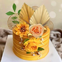 1Set Golden Palm Leaf Decoration Flower For Cake Topper Paper Birthday Happy Party Cake golden palm Baking Cakes Decor Bohemian