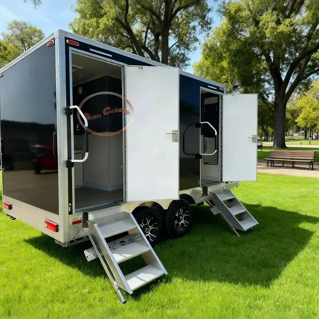 

Modern Black Body Silver Metal Frame Outdoor Mobile Toilet with Multiple Independent Sanitary Spaces Urinals Toilets Sinks