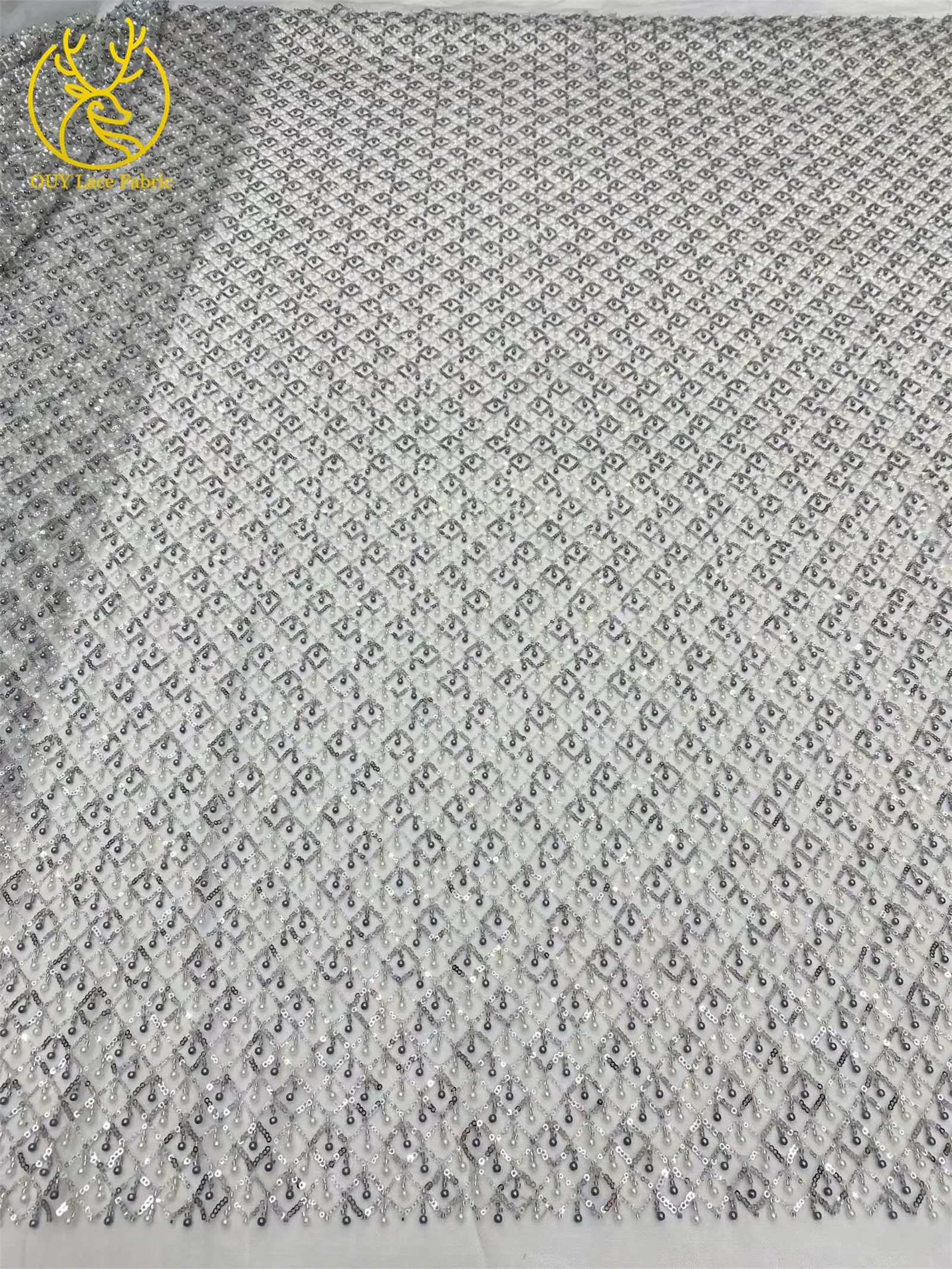 Olivgrüner afrikanischer Spitzenstoff, französischer Mesh-Spitzenstoff mit Pailletten und Perlen, Tüll-Mesh-Spitzenstoff für Damen, Hochzeitsfeier, Abendkleid, Nähen – Detail 14