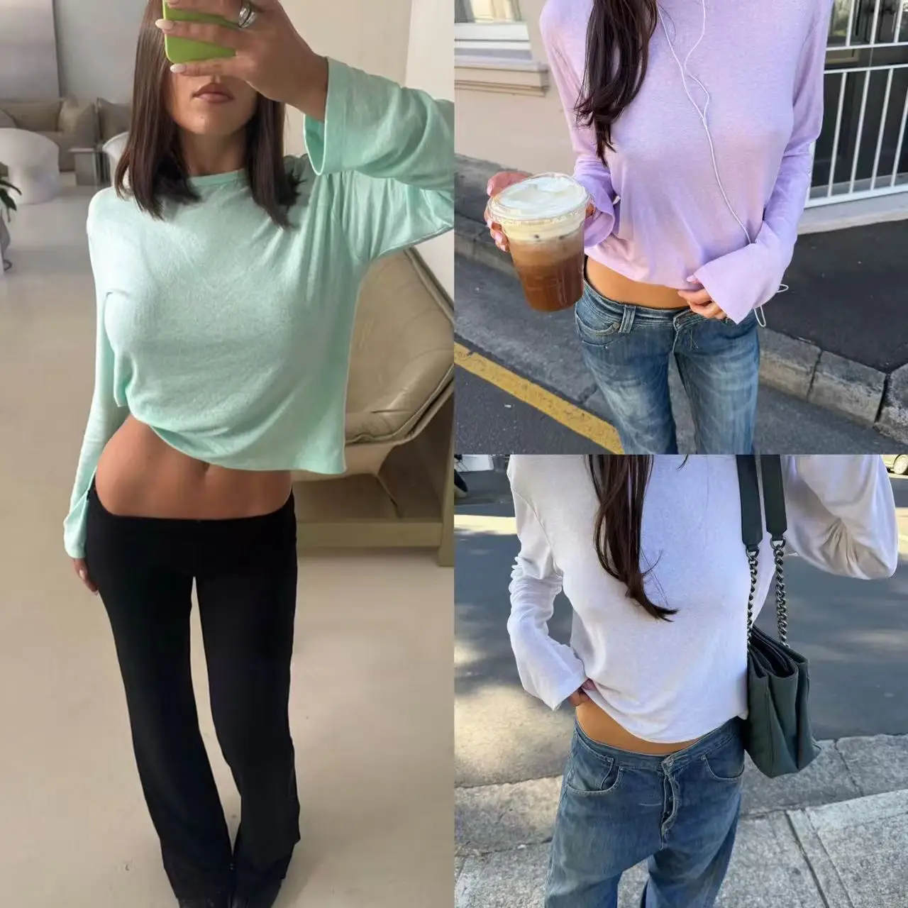 ON Mint Green Crew-Neck Long-Sleeve Linen Top Lilac Structured-Shoulder Relaxed-Fit Style Women's Casual Top