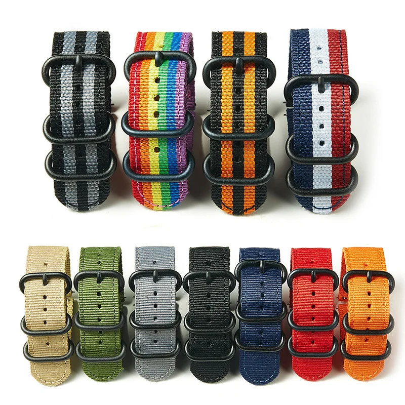 Universal Nylon Woven Quick Detachable Double Iron Ring Watch Strap 18mm 20mm 22mm