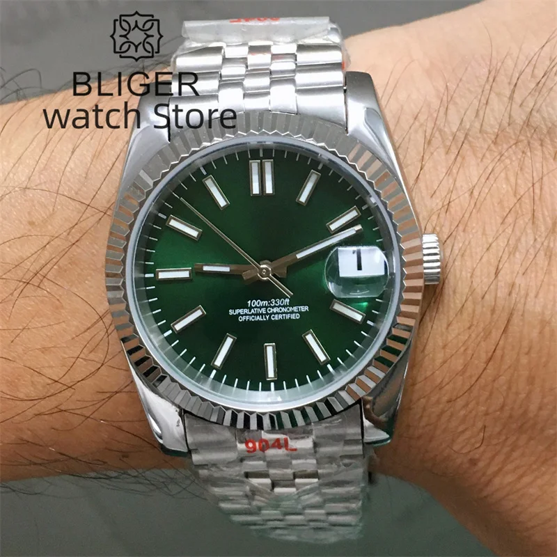 BLIGER 사파이어 유리 녹색 다이얼, 날짜 녹색 발광 NH35A 무브먼트, 자동 남성용 스테인레스 스틸 스트랩, 36mm, 39mm