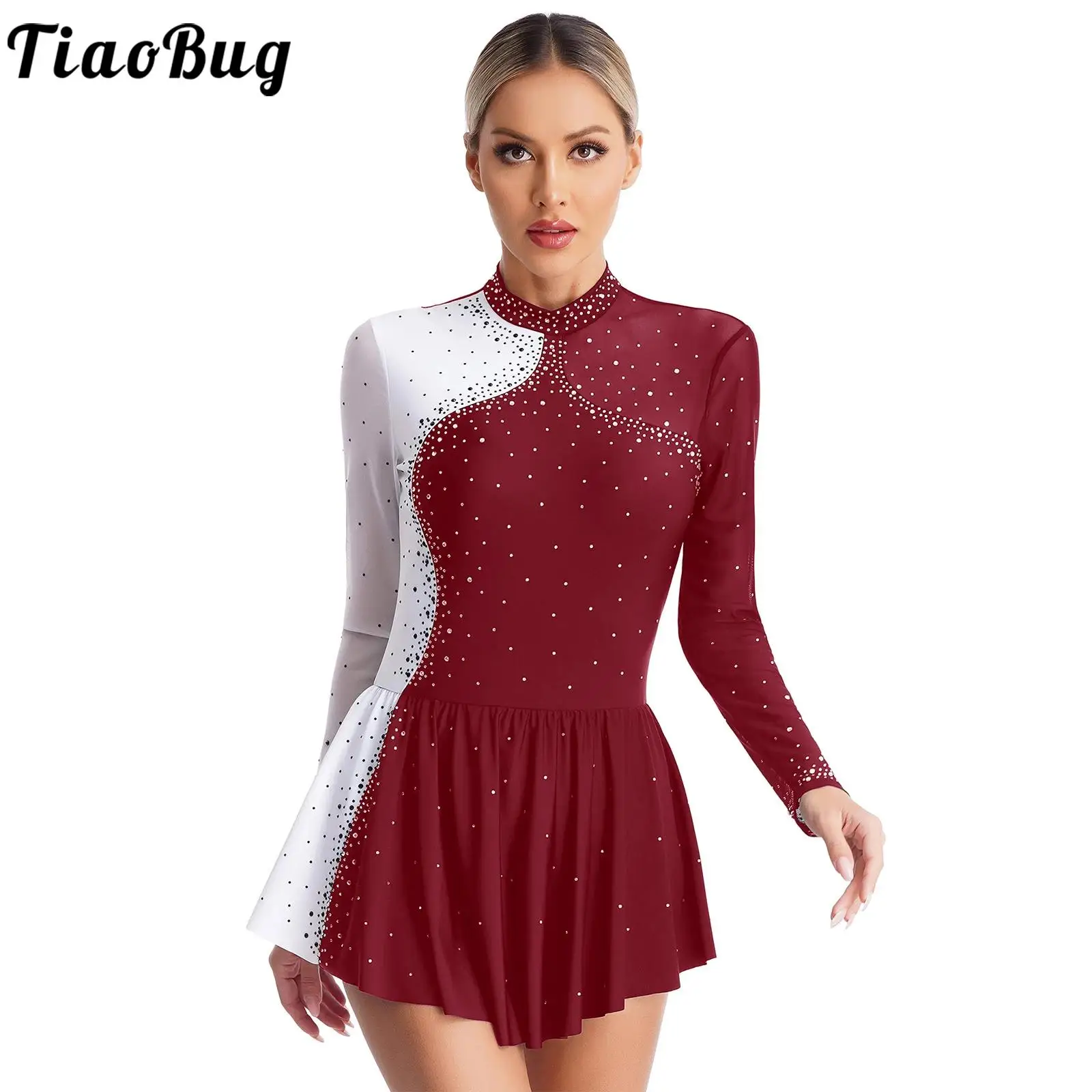 Women Sparkly Rhinestone Figure Skating Dance Dresses Long Sleeve Color Block Hollow Out Back Built-in Briefs Patchwork Dresses