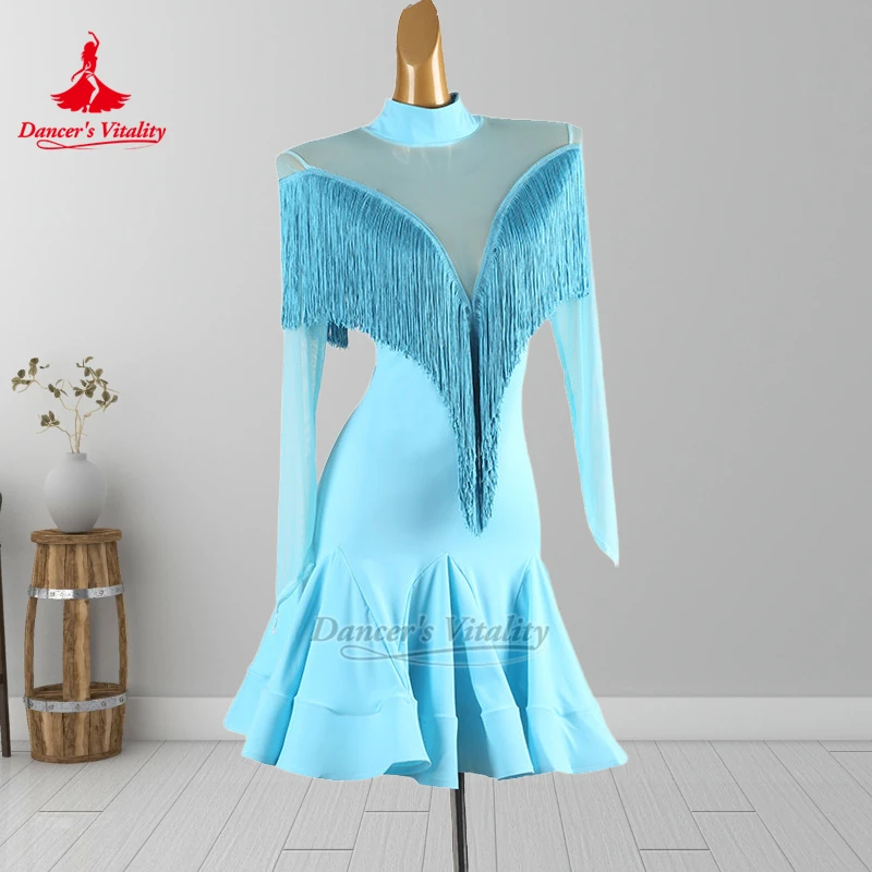 

Dancer's Vitality Lake Blue Chacha Samba Платье с длинными рукавами Нагрудные подушечки могут быть демонстриwać наряд для латинских танцев для взрослых на заказ
