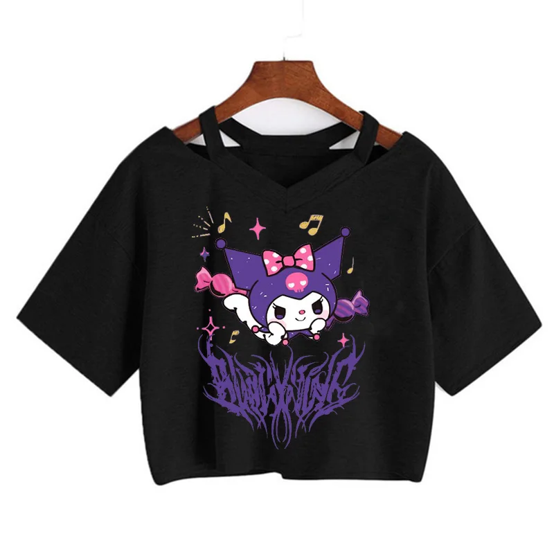 Streetwear Crop Top Kuromi Top Tee Cartoon T Shirt Cropped Sanrio Kuromi Women Manga T-shirt Y2k Tshirt Top Tees Female