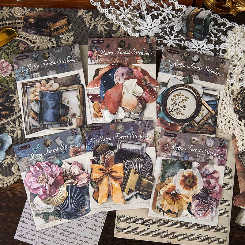 50 pcs Vintage And Antique Series Material Sticker Pack Flower Butterfly Collage Decorative Stickers DIY Journal Scrapbook Diary