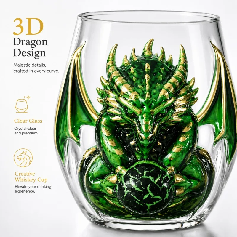 Mythic Dragon Collection 3D Whiskey Glasses Set 6‑Pack Double‑Wall Hand‑Painted Dragon whisky glass Unique Crystal Dragon Glass