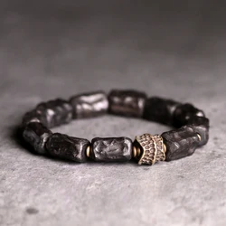 Retro Hand Carved Ebony Bracelet Wholesale Unique Design Brass Charm Genuine Black Wood Men Women Stretch Wrist Jewelry Vajar