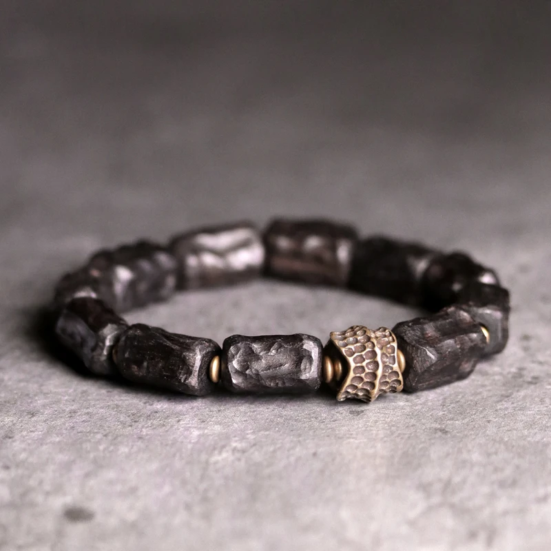 Retro Hand Carved Ebony Bracelet Wholesale Unique Design Brass Charm Genuine Black Wood  Men Women Stretch Wrist Jewelry Vajar
