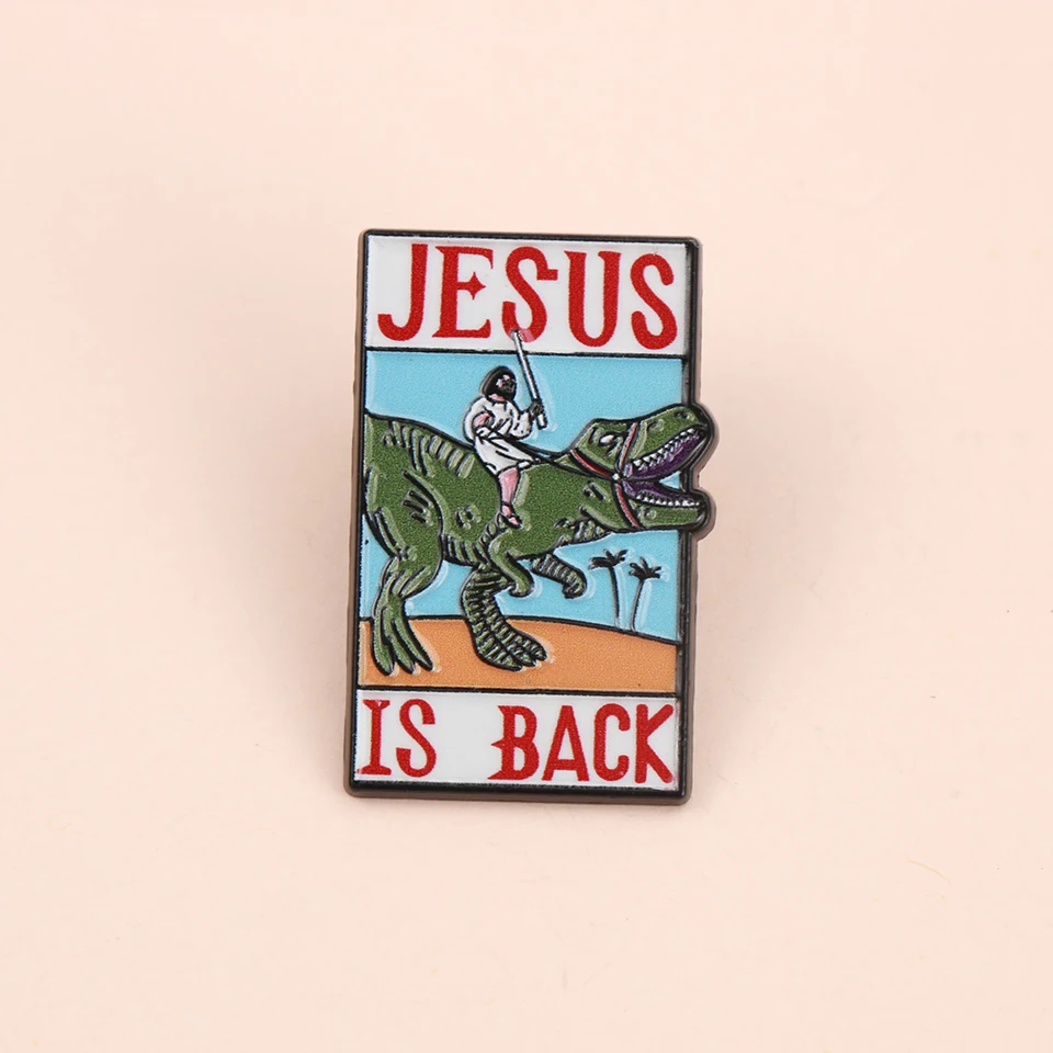 Jesus and Riding A Dinosaur Enamel Metal Funny Lapel Pins Brooches Badges Backpack Clothing Jewelry Gift for Kids Friends