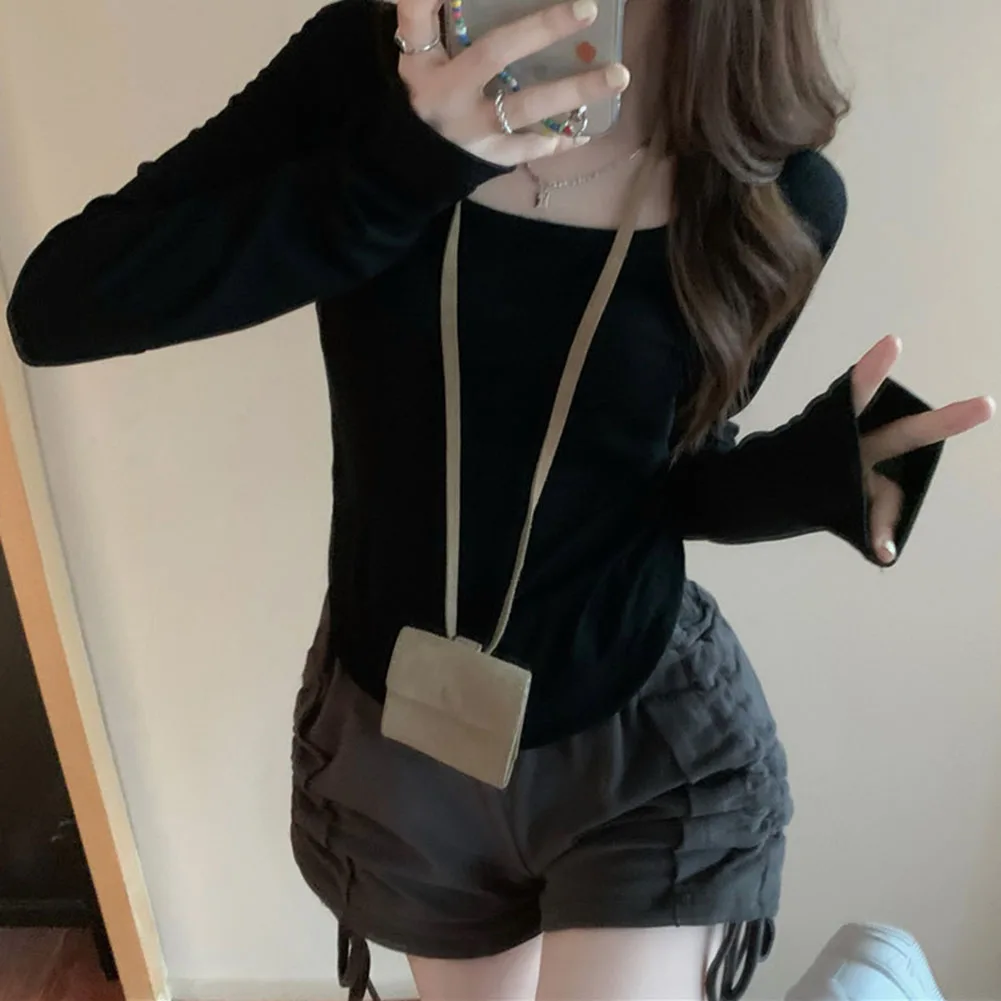 

Women's Solid Color Long Sleeve Irregular Round Neck Slim Fit Short Top for Casual Daily Wear, Club Outing, Holiday Vacation