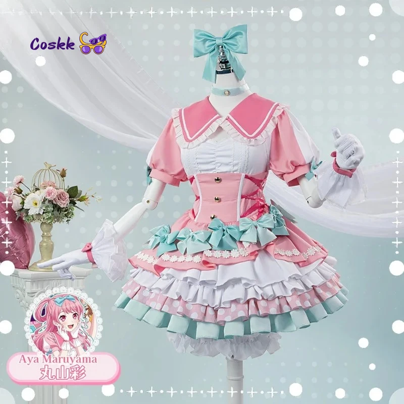 

Маруяма Ая: Аниме «BanG Dream!» Костюм для косплея на Хэллоуин и Рождество: розовое платье в стиле сладкой Лолиты, головной убор, носки, аксессуары, униформа