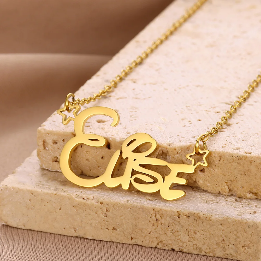 Custom Stars Name Necklace Women Girl Jewelry Personalized Gold Color Cartoon Font Cute Children Nameplate Pendant Necklace