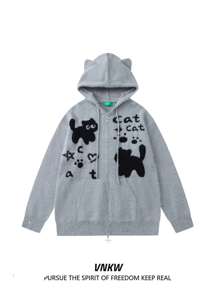 

Вязаный открытый кардиган на молнии в американском стиле ретро, свободный крой, толстовка с капюшоном для мужчин и женщин, повседневная верхняя одежда для пар