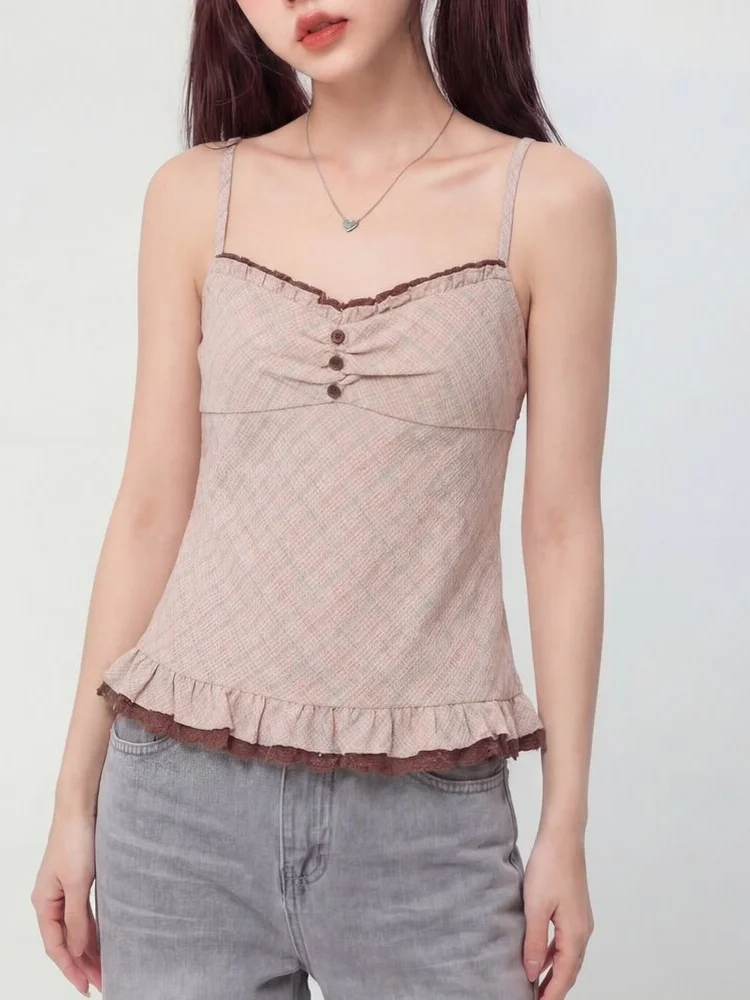 Short Plaid Lace Trim Halter Neck Vest Top 2 for 5 Checkered Wood Grain  Head Flower Women's Commute Style Slim Fit Outer...