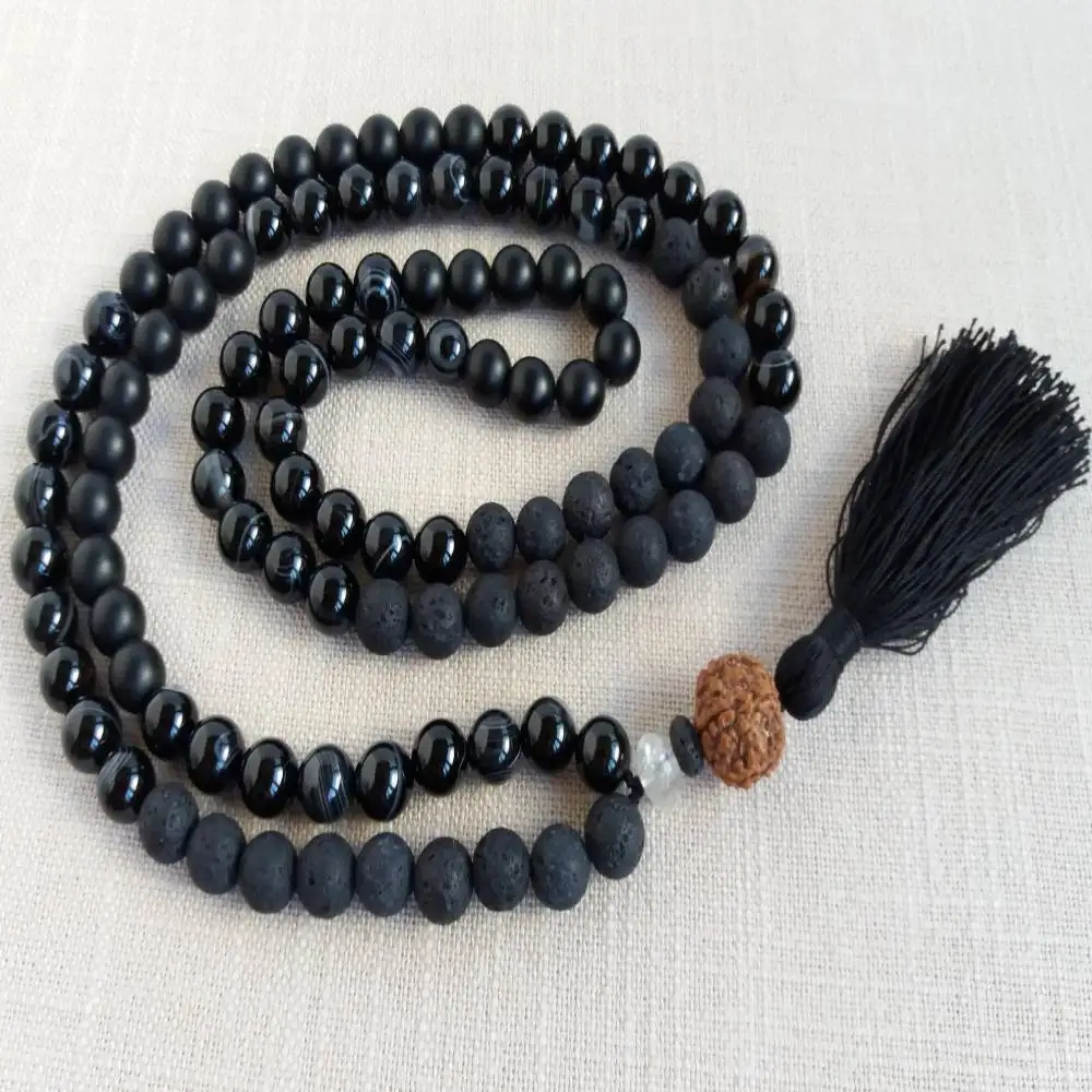 Natural Black Onyx & Lava Rock 108 Beads Mala Necklace with Rudraksha & Black Tassel Spiritual Meditation Jewelry view 3