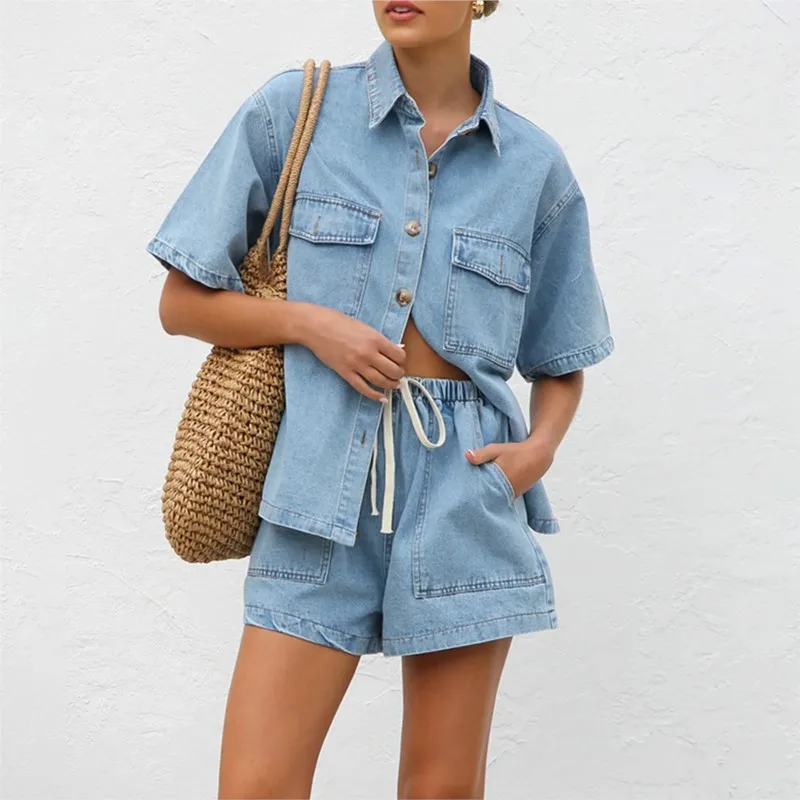 

New Retro Casual Pocket Short Sleeve Loose Denim Shirt Shorts Suits Two Piece Set Spring Summer Women Fashion Short Pants Outfit