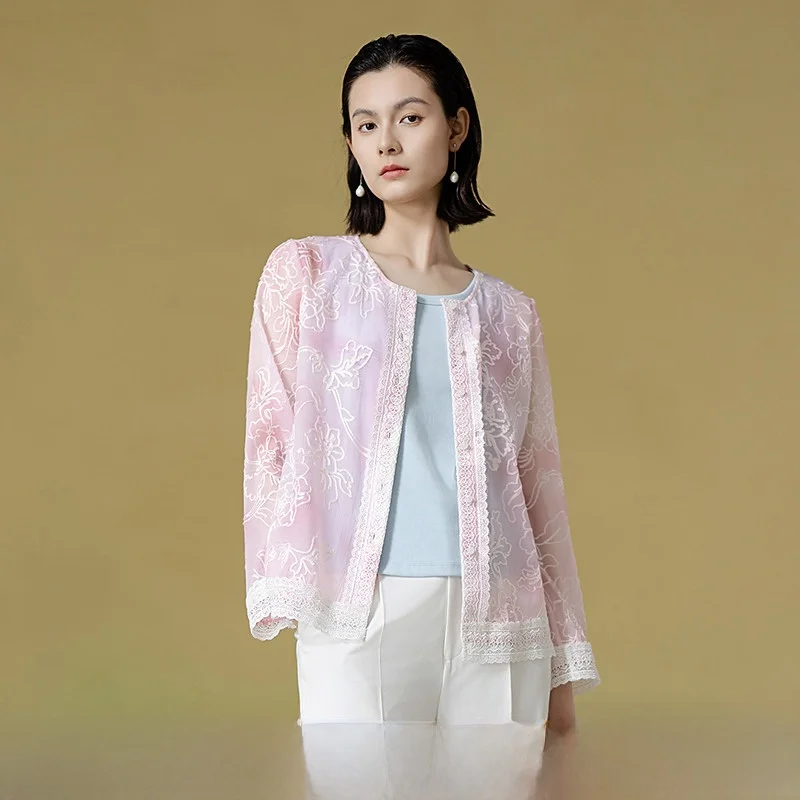 

Ele Loose Women's irt Breathable Embroidered Lace Trim Summer New Arrival a Life on the Left Polyester Fiber Long Sv...