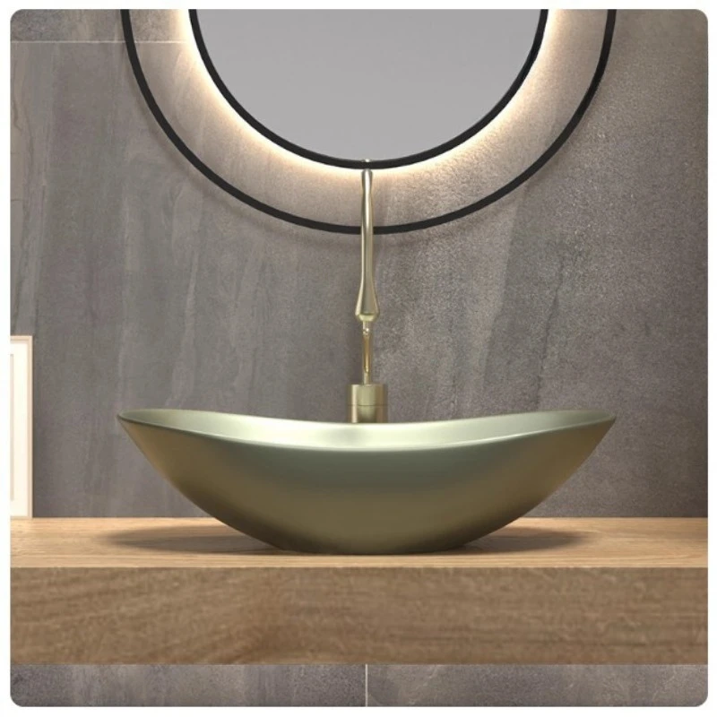 Oval art basin light luxury ingot ceramic wash basin household table basin olive nut green metal texture hotel style