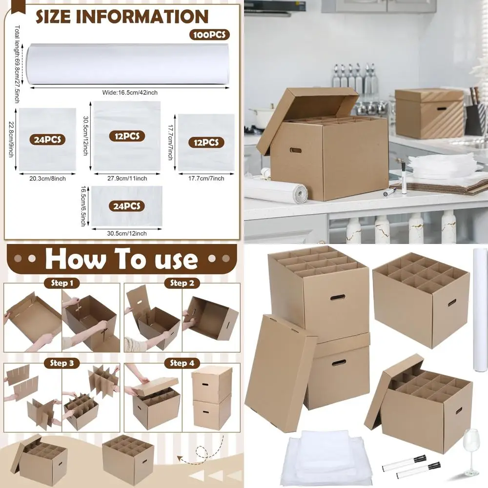 

4-Pack Kitchen Moving Boxes with 72 Dish & Glass Inserts, 16x12x12 Wine Glass Boxes with Handle and Lid