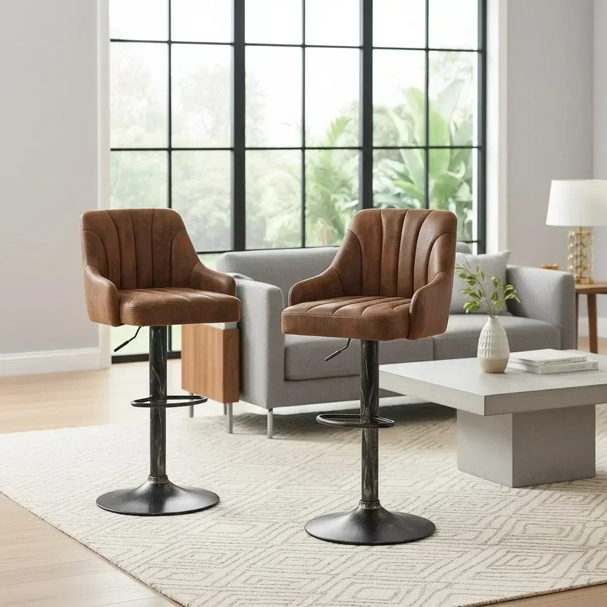 Adjustable Swivel Bar Stools Set of 2 Brown Leather Kitchen Counter Chairs with Back
