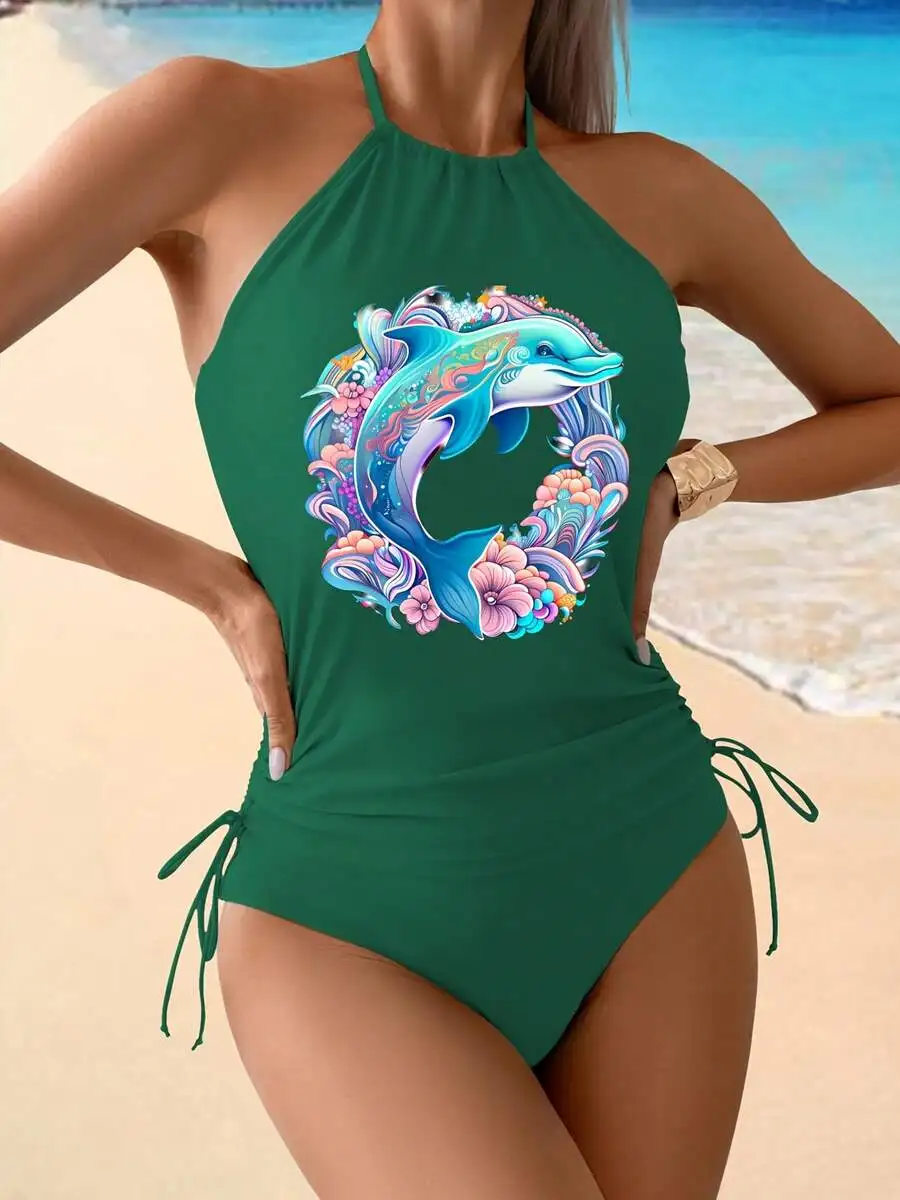 

High Neck Halter Tankini Swimsuit With Dolphin Floral Artwork, Drawstring Side, Tummy Control, High Stretch