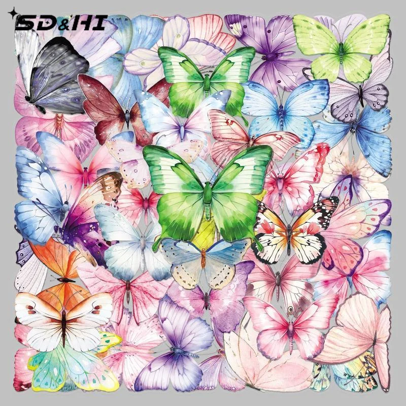 50PCS Colorful Butterfly Cartoon Insect Stickers Transparent Waterproof Decorate Helmet Phone Window Computer Stationery Decals