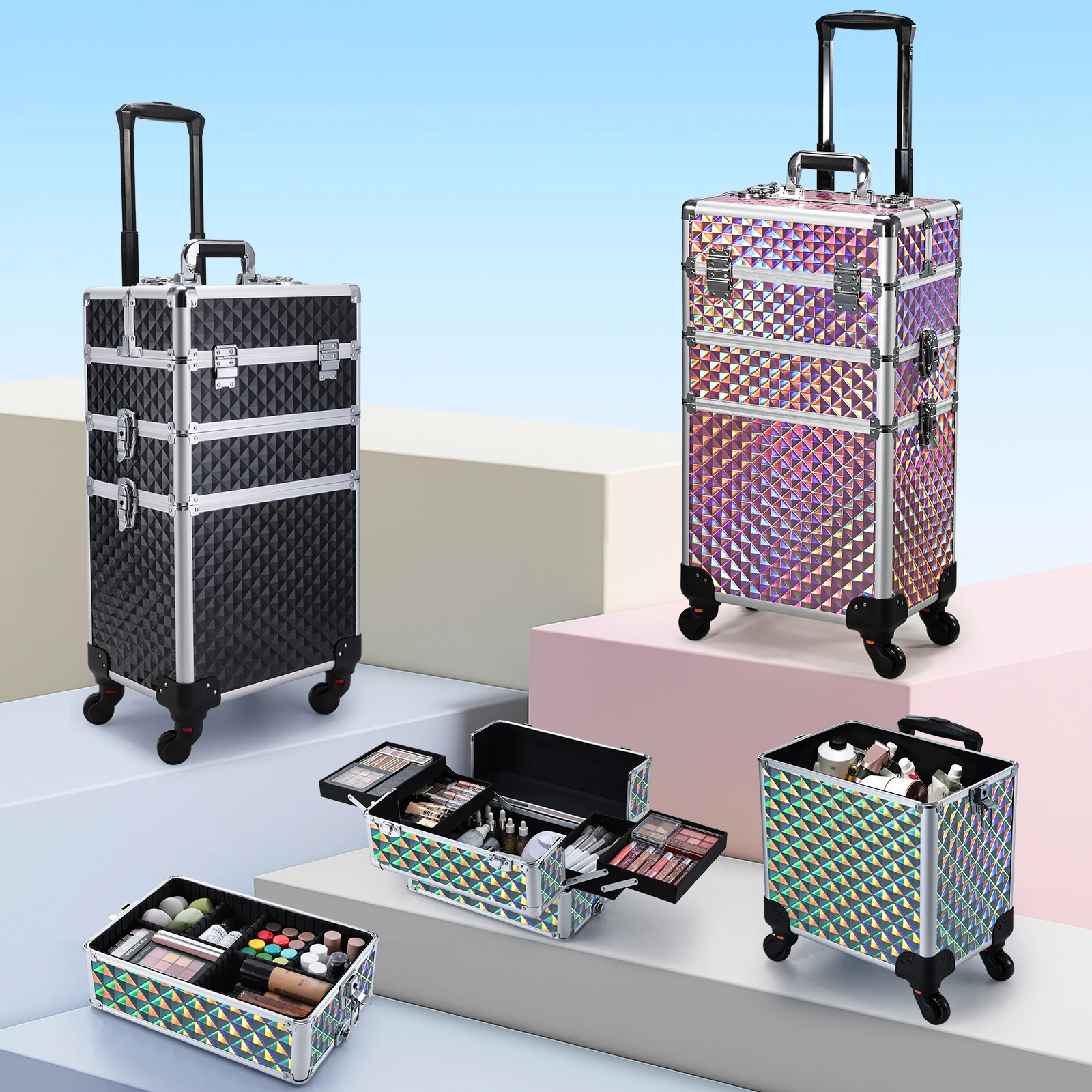 

Rolling Makeup Trolley Makeup Case Cart Trunk 3 In 1 Removable Make Up Case Large Capacity Cosmetology Polish Case On Wheels key