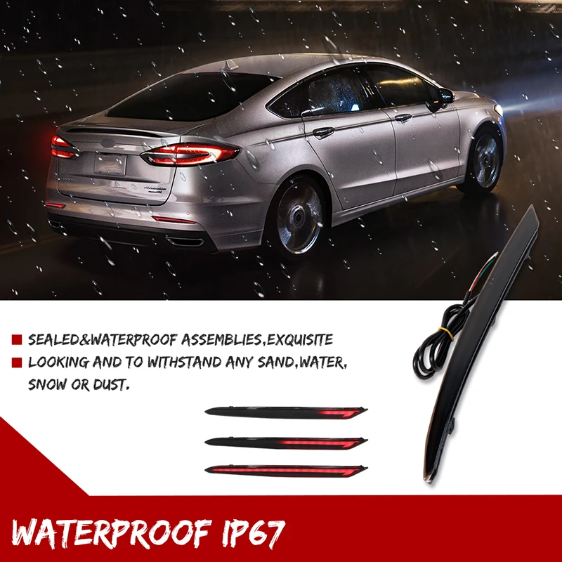 Red LED Car Rear Bumper Reflectors Lights Brake Tail Light w/ Sequential Turn Signal, Rear Fog Lights For 2019-2022 Ford Fusion