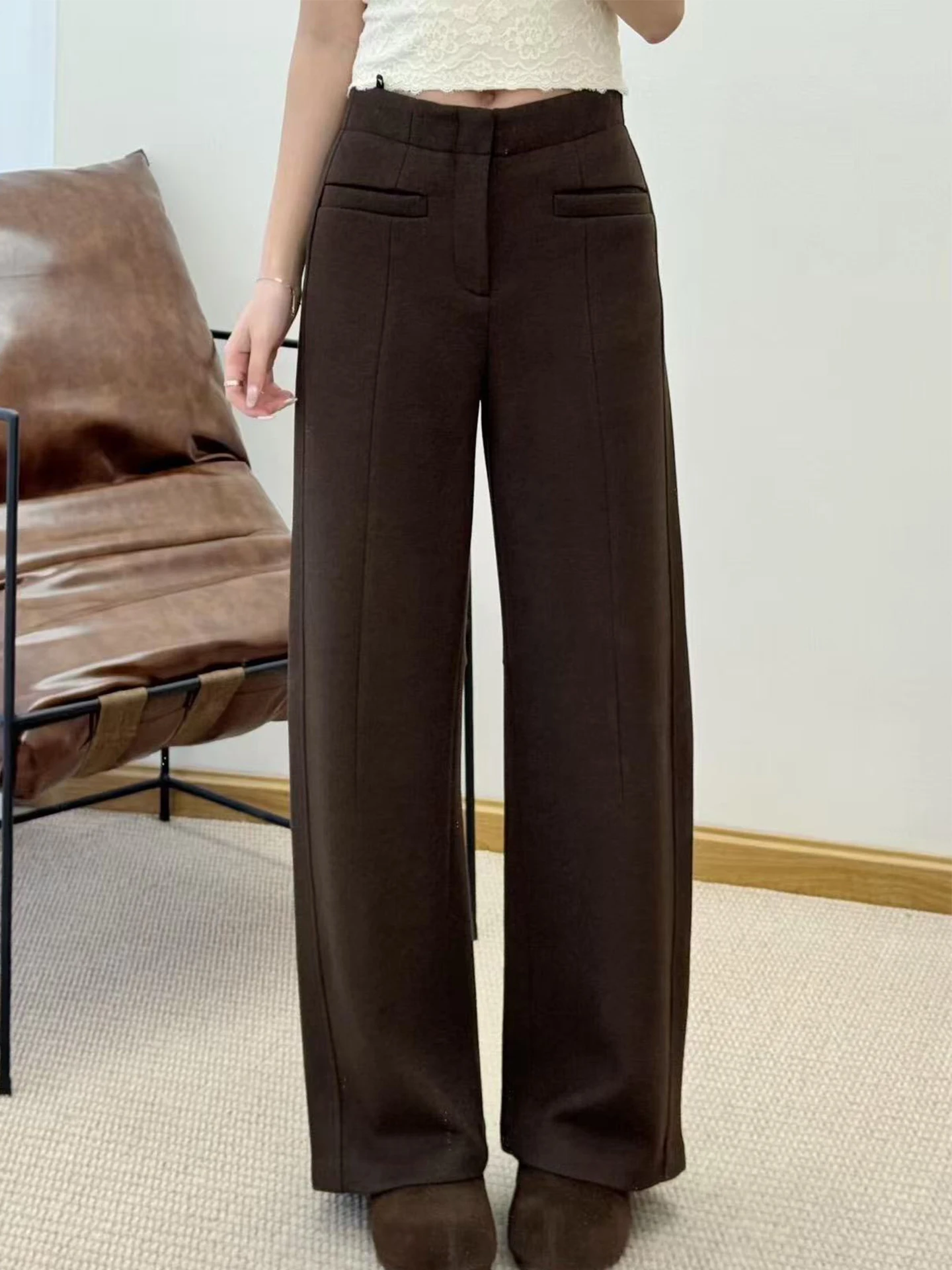 

High Waist ey Elastic Casual Pants Women Straight Leg Floor Length Knife ket Pants Ladies Polyester Blend