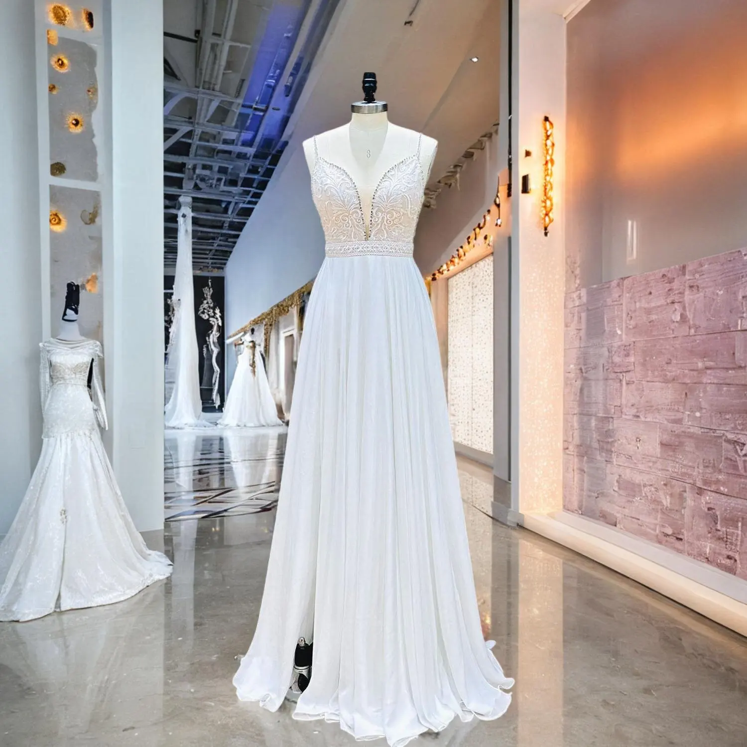 

Hire Lnyer Crystal Thin Shoulder Strps Sexy Deep V-Neck Backless Elegant Chiffon Beach Wedding Dresses With Skirt Slit