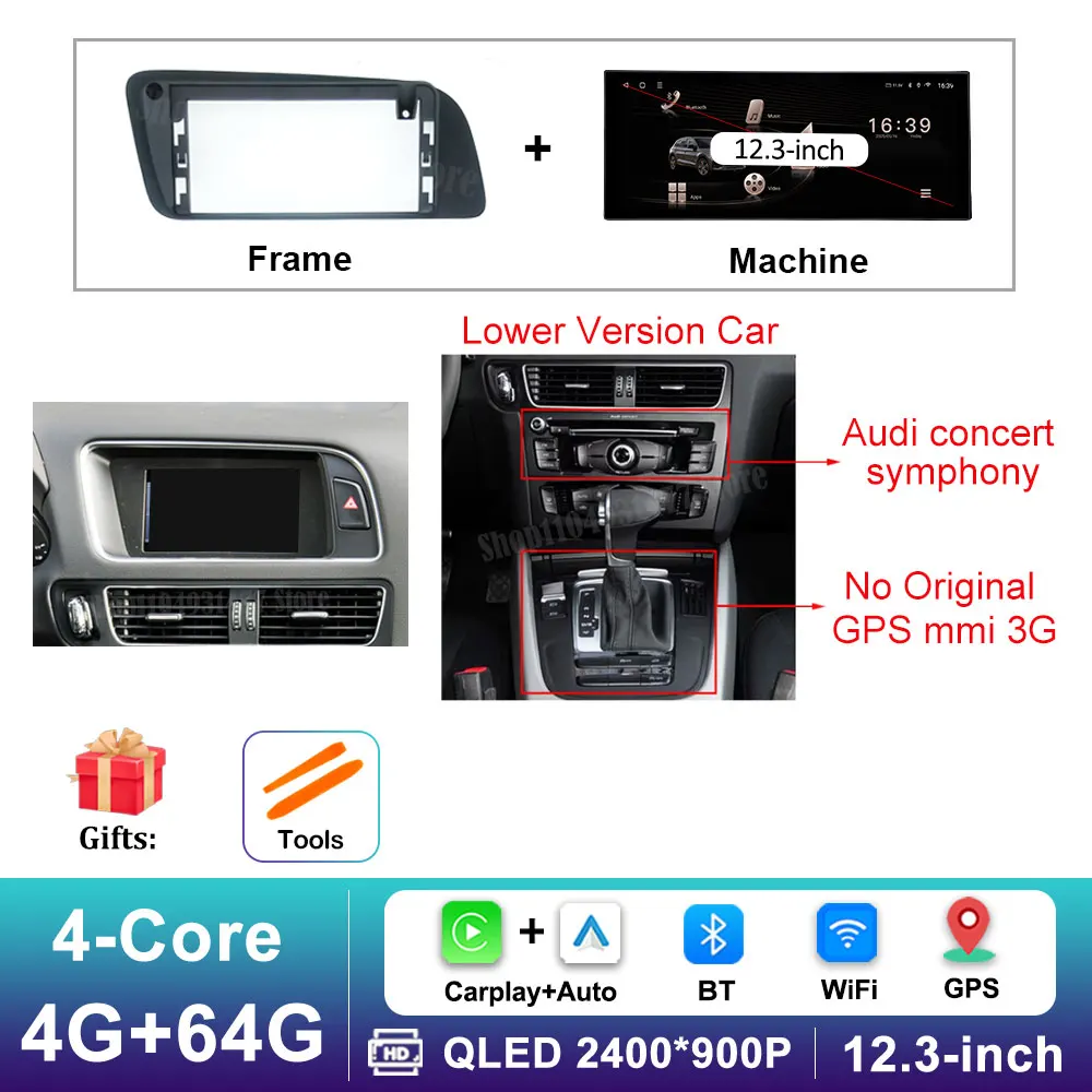 12,3 inch GPS Navigatie Draadloze Carplay Android 16 voor Audi Q5 2009 - 2017 BT Auto Multimedia Video Radiospeler 4G Auto Gereedschap
