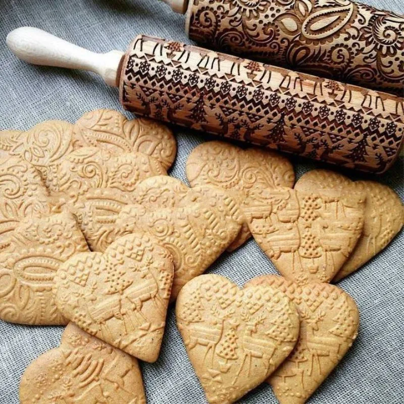 Rodillo de madera Retro de estilo europeo, grabado en relieve de galletas, palo de galletas de sabor