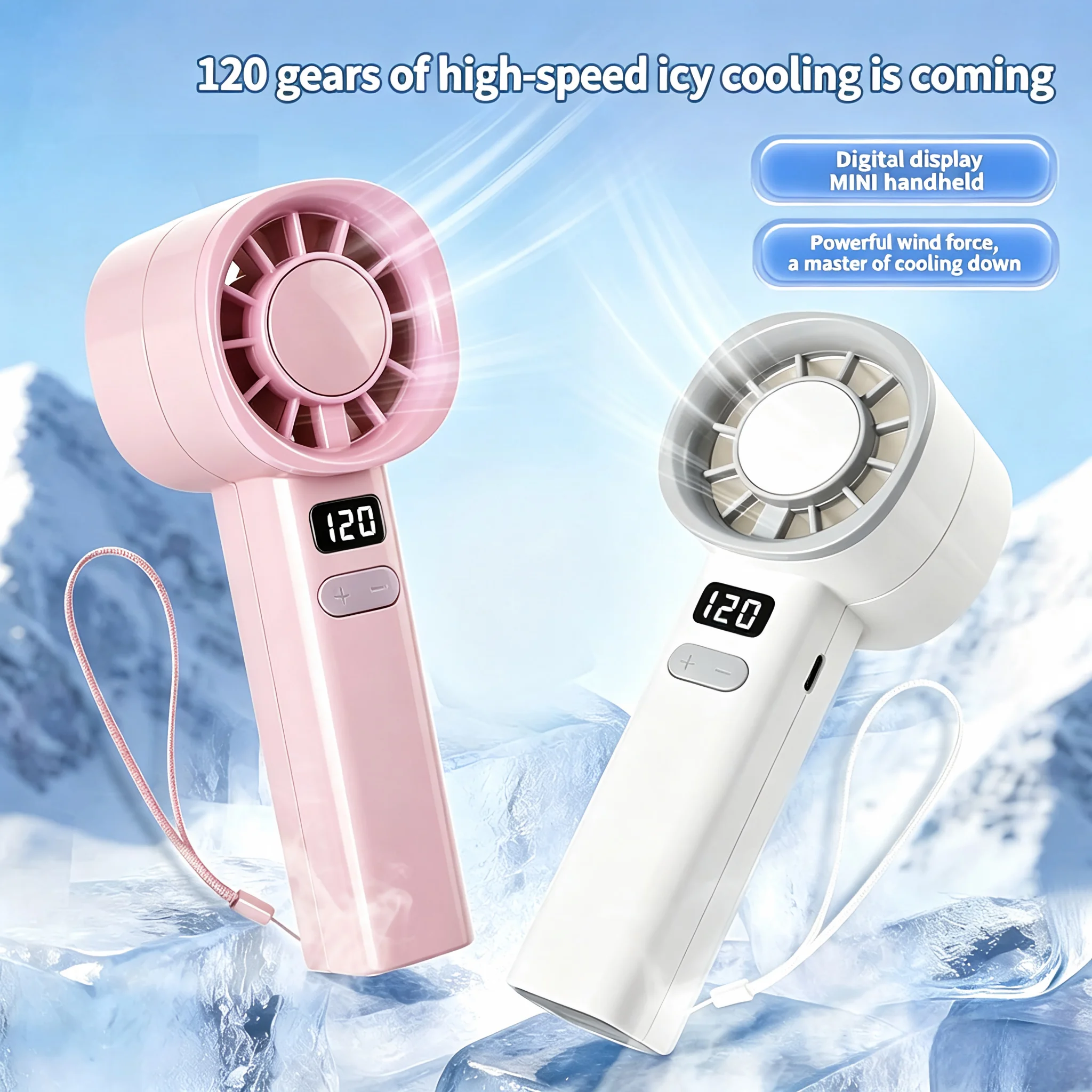 Portable Mini Handheld LCD Turbo Fan Rechargeable Digital Display with 1-120 Speeds for Indoor Outdoor Travel Strong Wind Power