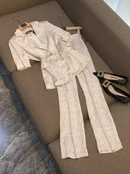 High Quality Lady Vintage Printing Office Short Sleeve Suit Single Botton Slim Fitted Blazer Pencil Pants Women 2Pcs